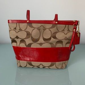 Coach Signature Jacquard Tote in Tan & Red Patent